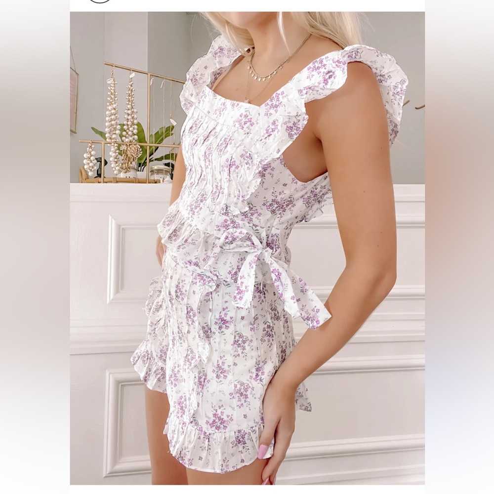 STORIA Purple Lilac Floral Crop Top Ruffle Shorts Set